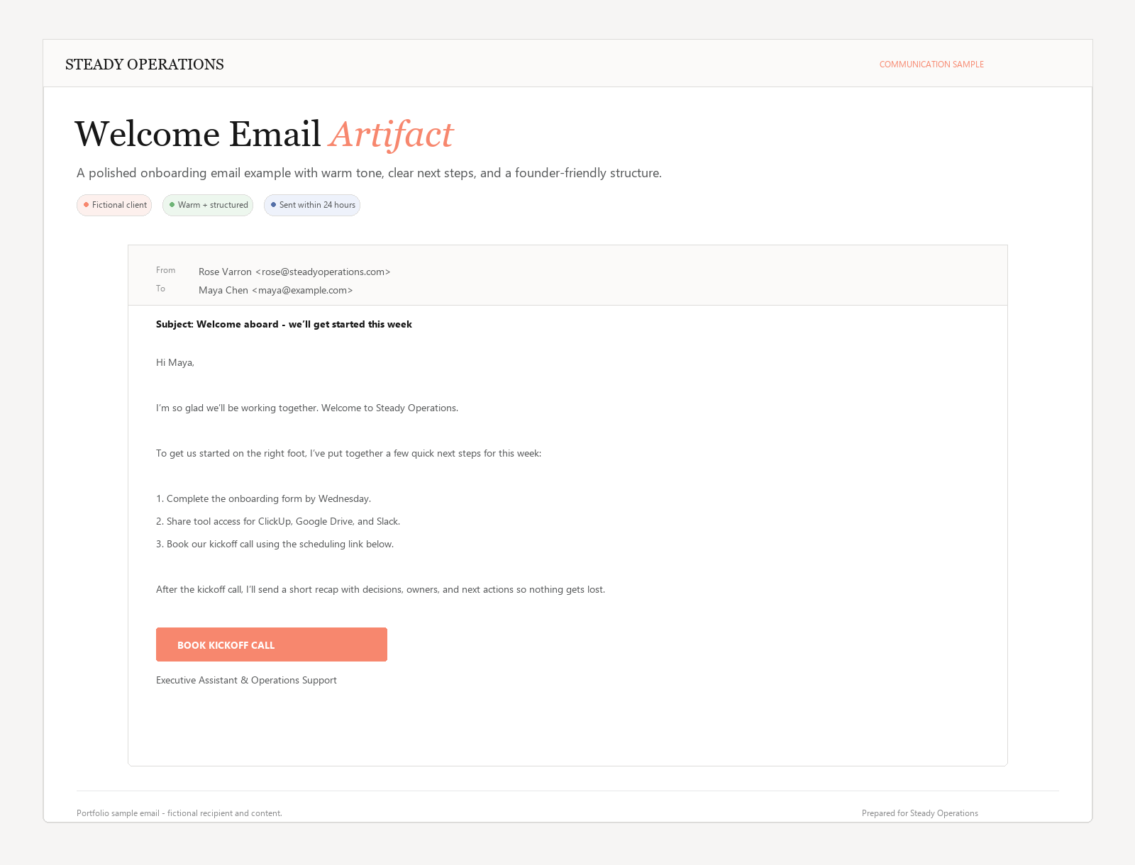 Fictional welcome email communication artifact